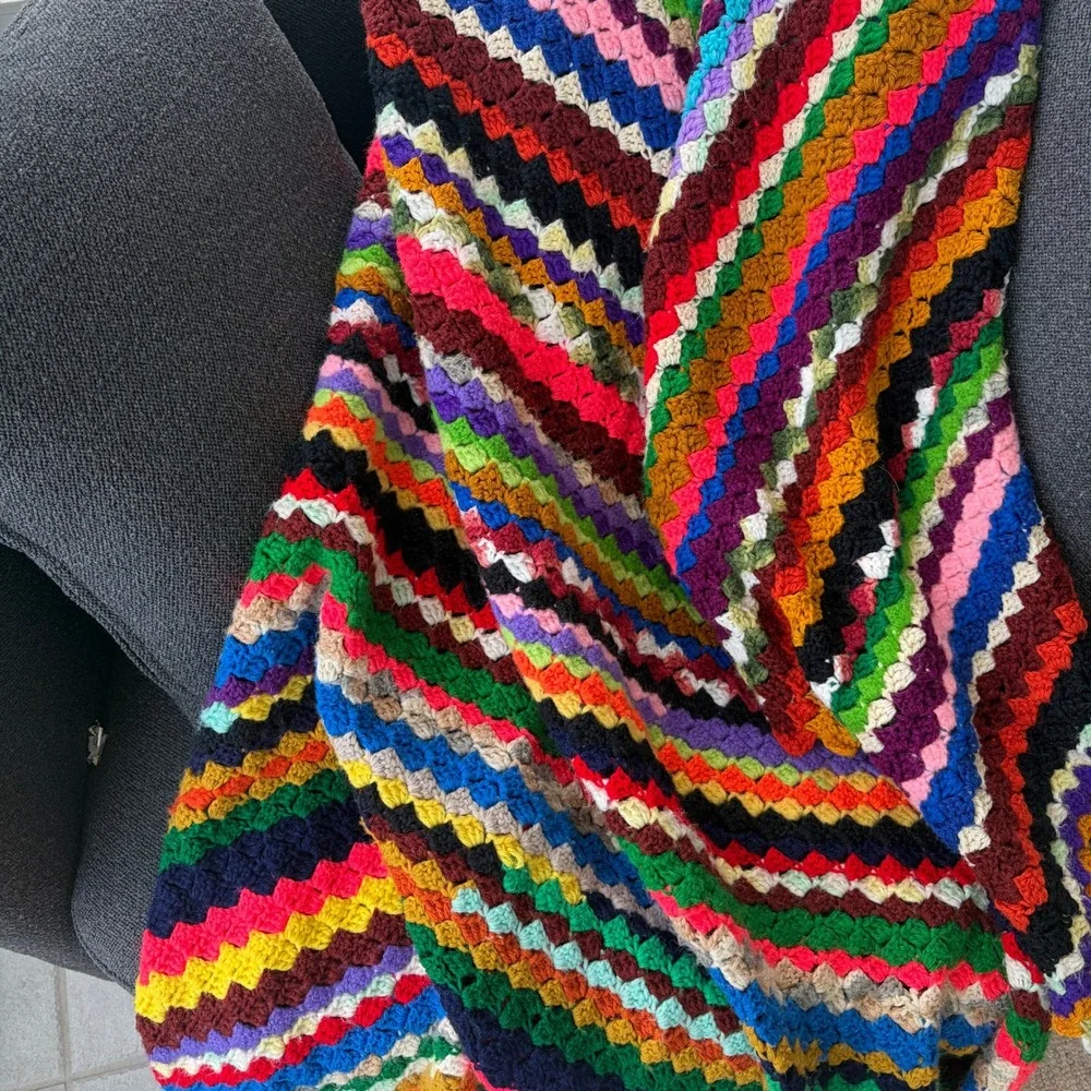 Vintage Handmade Multi Color Striped Crochet Afghan Granny Stitch Blanket 68x64